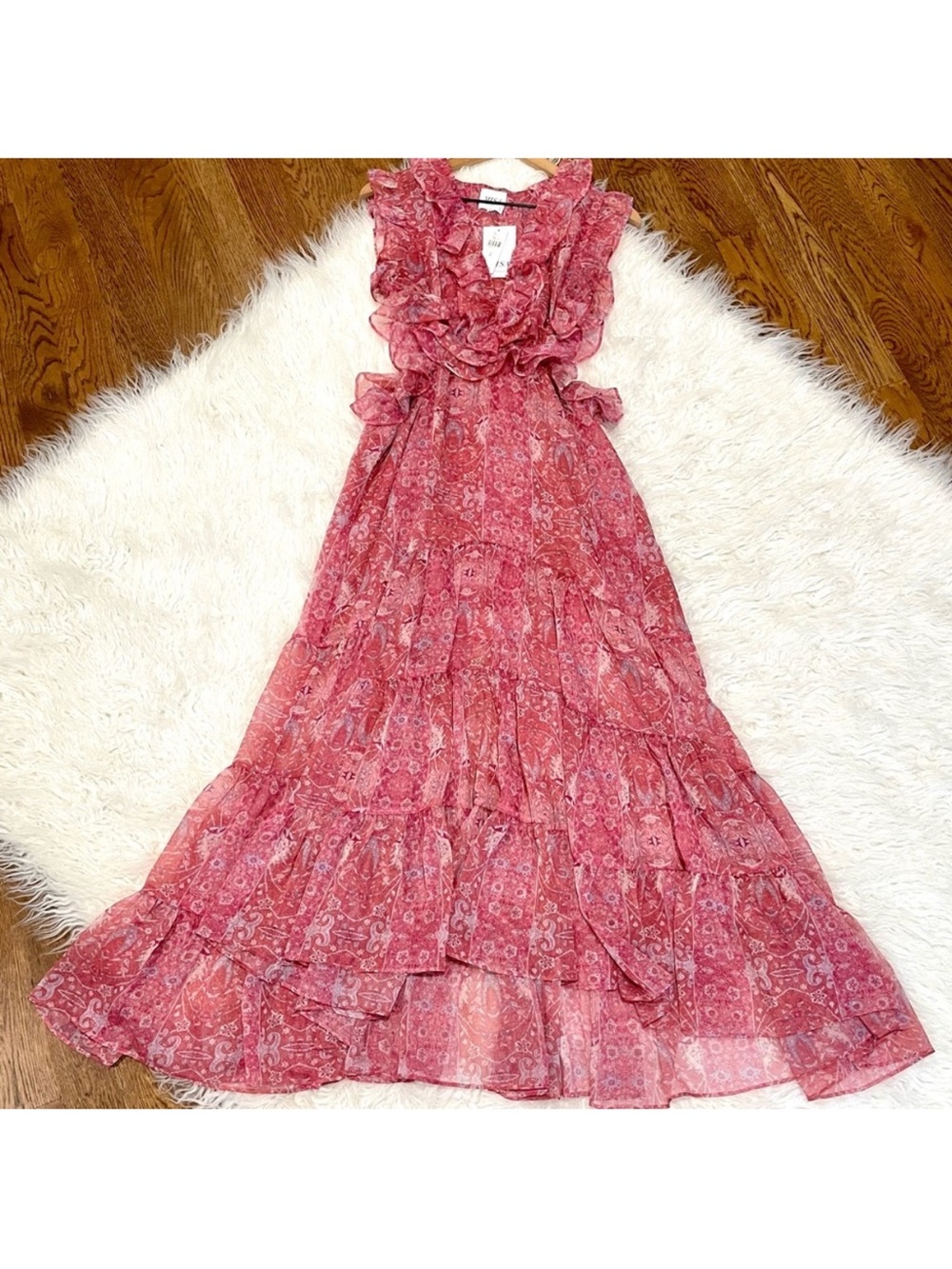 NEW Misa Los Angeles Natasha Side Cutouts Pink Paisley Ruffle Midi Dress Size S - Picture 7 of 10